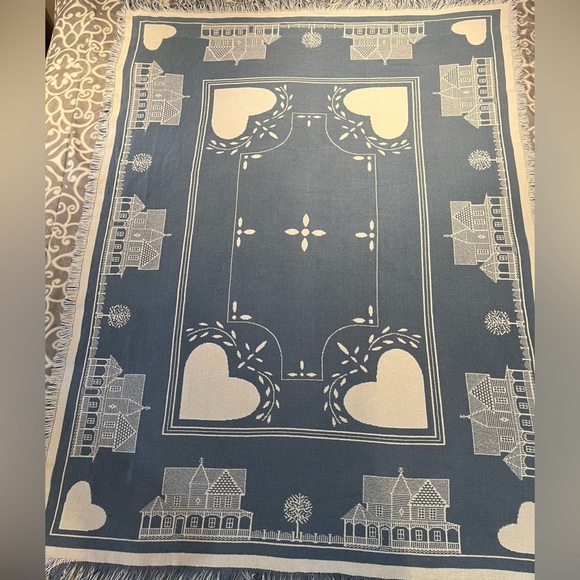 Vintage Blue & White Heart Cotton Blanket Reversible Goodwin Weavers Knit - Picture 2 of 13